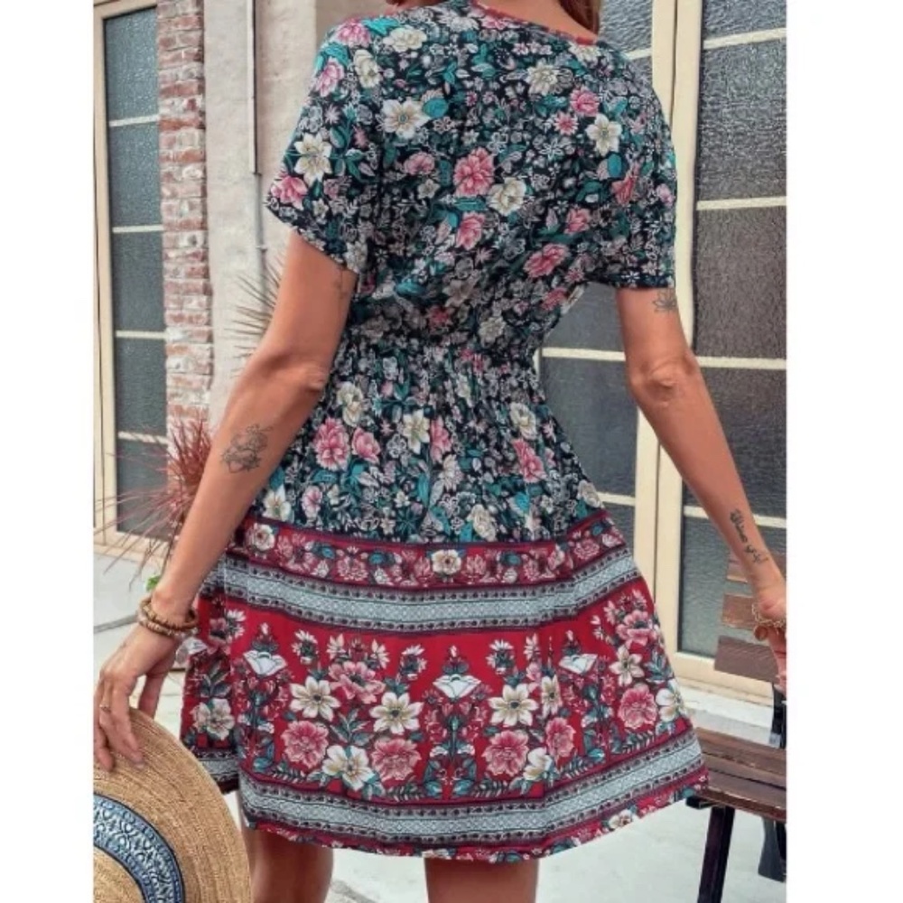 Boho Floral Print Short Sleeve Cottagecore Mini Dress - Picture 16 of 16